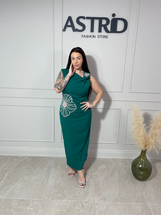 Rochie Doris lungă cu aplicații pietre în talie și umăr