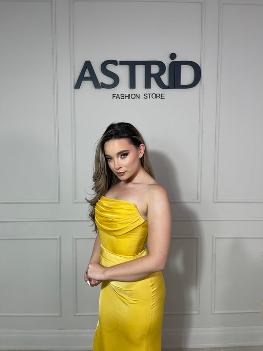 Rochie Alice lungă falduri la bust și talie crăpătură pe picior