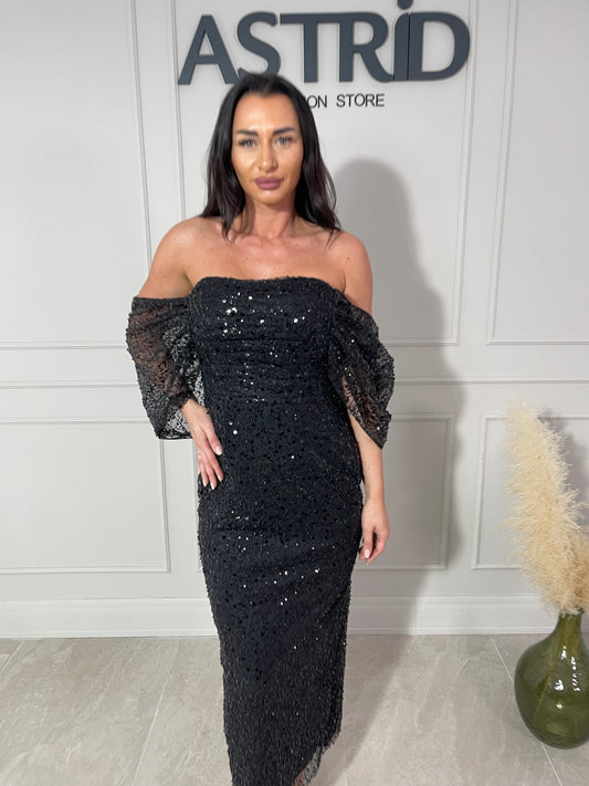 Rochie Opal midi din paiete cu mânecă căzută