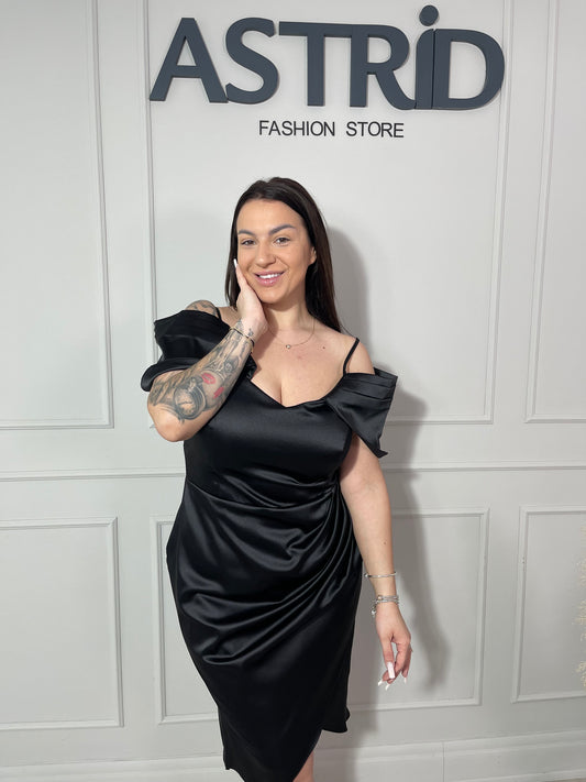 Rochie Reea midi cu decolteu tip bărcuță și falduri în talie