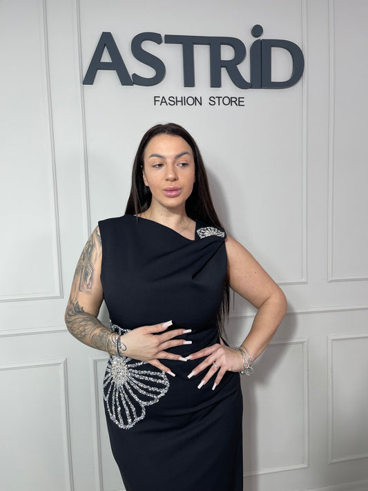 Rochie Doris lungă cu aplicații pietre în talie și umăr