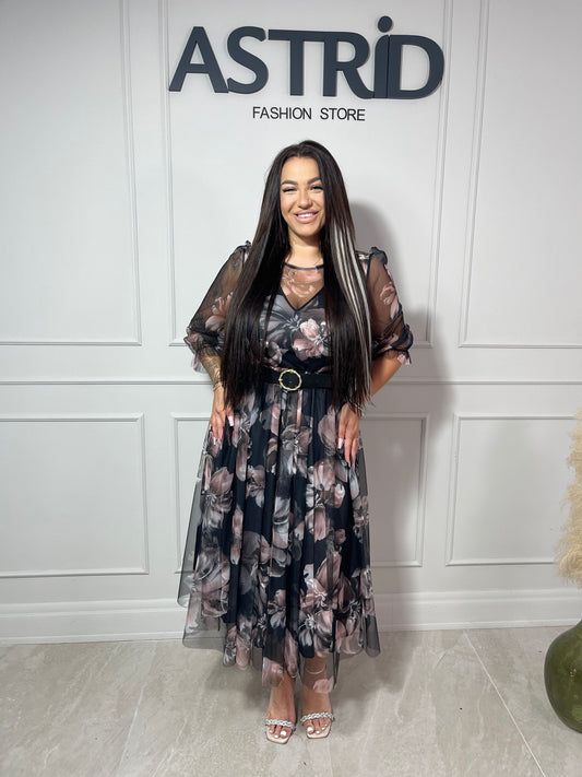 Rochie Eli midi din voal imprimeu floral și curea în talie