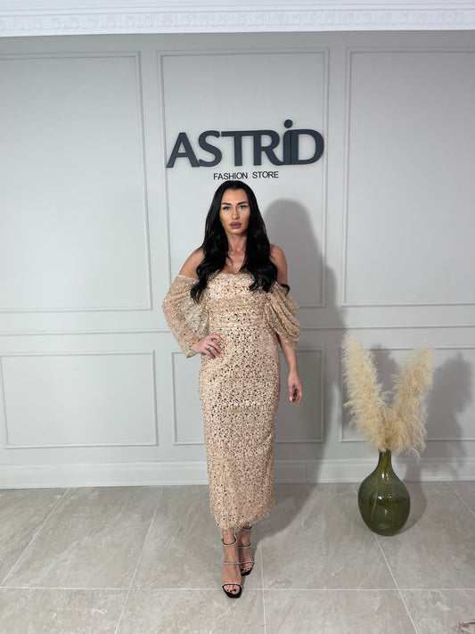 Rochie Opal midi din paiete cu mânecă căzută