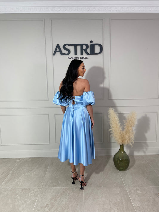 Rochie Florina midi cu corset și mânecă bufantă