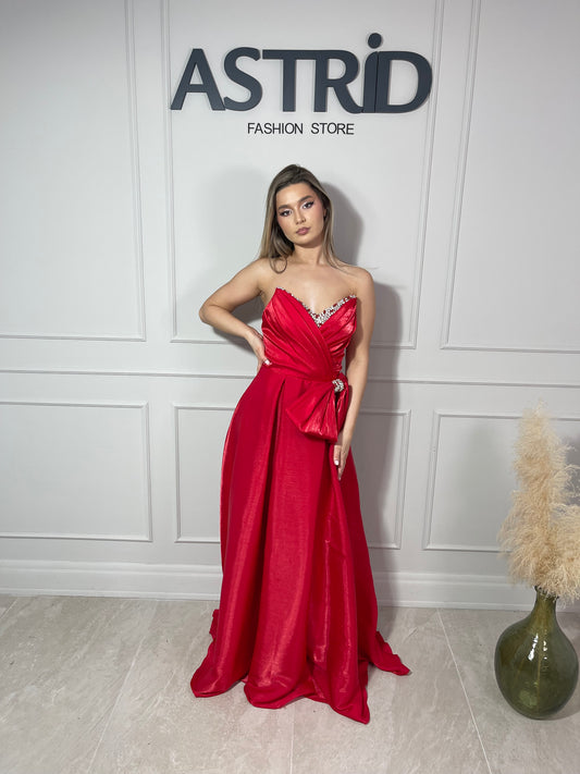 Rochie Anita lungă pietre bust funda talie și crăpătură pe picior