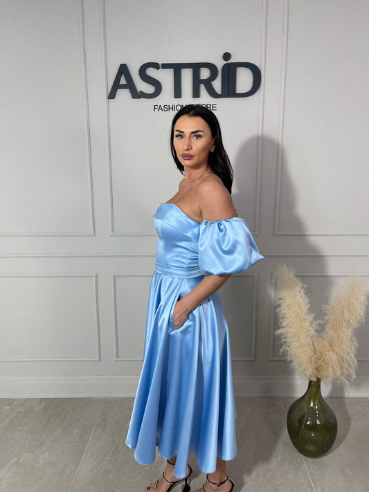 Rochie Florina midi cu corset și mânecă bufantă