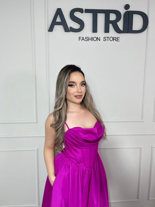 Rochie Ely midi din șifon falduri la bust și bretele subțiri