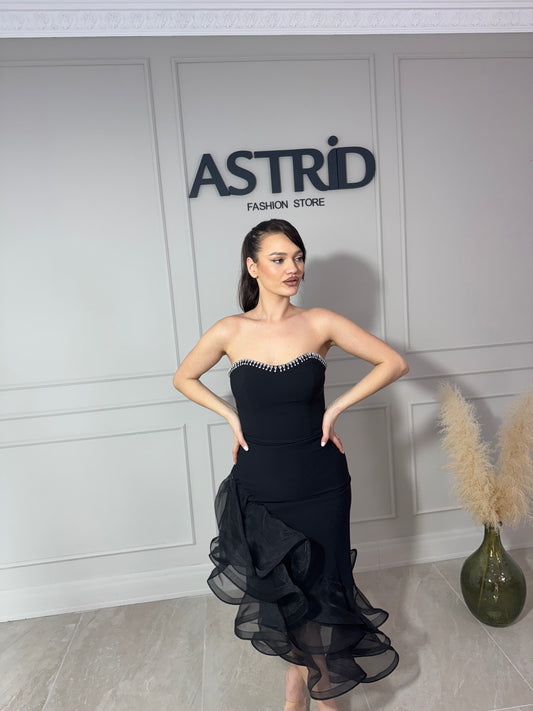 Rochie Romana midi cu volane pe picior și pietre la bust