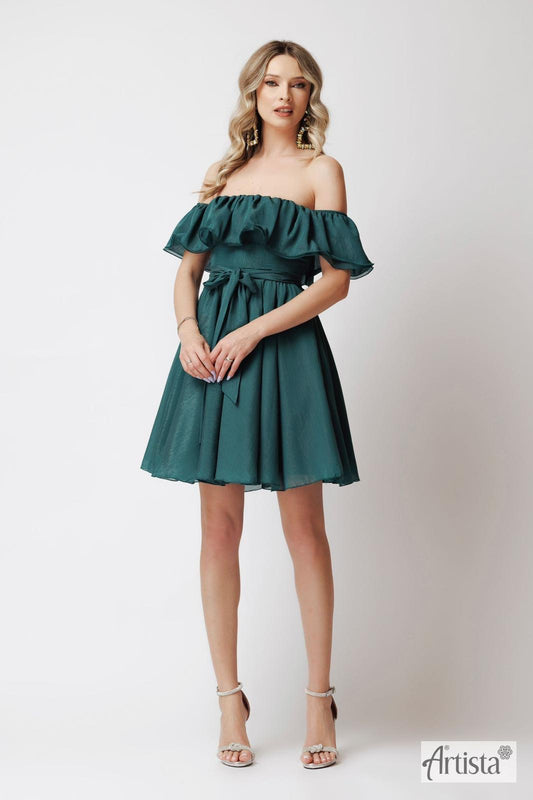 Rochie Bianca scurtă din voal umeri căzuți și volanase