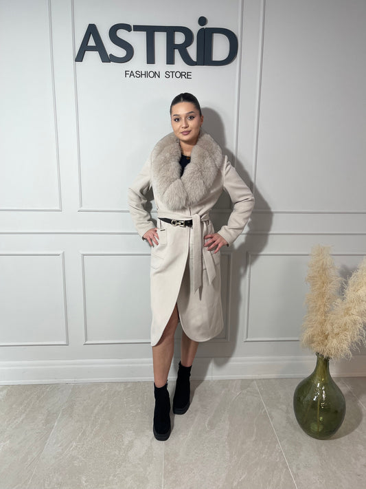 Palton Delia din cașmir blană naturală și cordon în talie