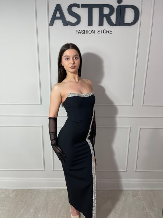 Rochie Helen midi cu aplicații pietre crăpătură pe picior și accesoriu mănuși