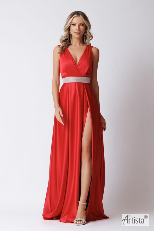 Rochie Dalinda lungă din satin curea cu pietre și crăpătură pe picior