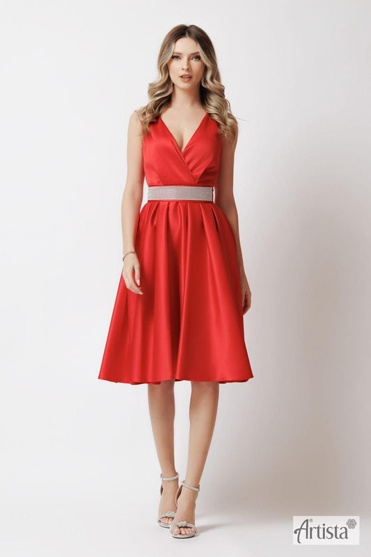 Rochie Serenă midi din satin curea în talie cu pietre