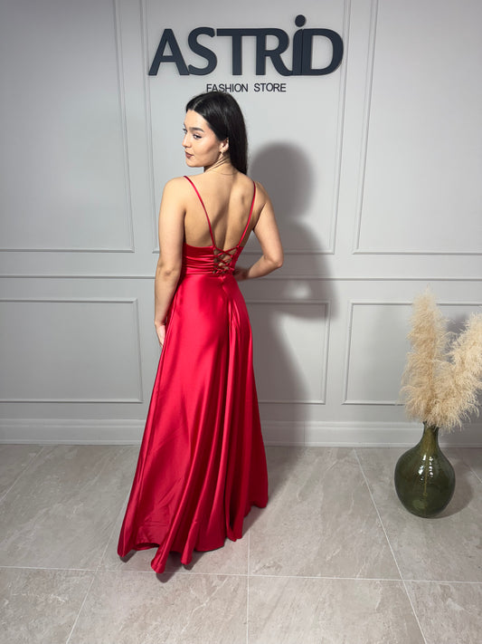 Rochie Erika lungă din satin în cloș cu corset la spate