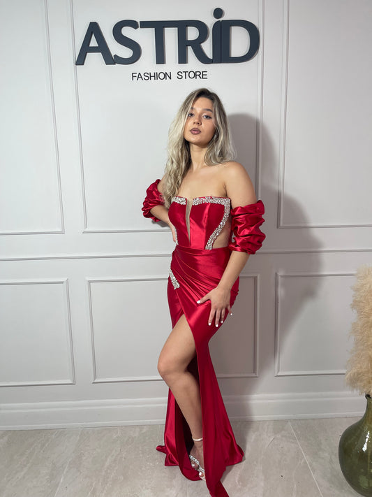 Rochie Bella lungă din satin pietre la bust și talie mâneci bufante detașabile