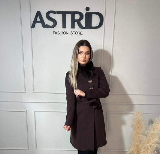 Palton Mira din cașmir cu blană naturală și cordon în talie