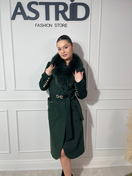 Palton Letiția din cașmir blană naturală și cordon în talie