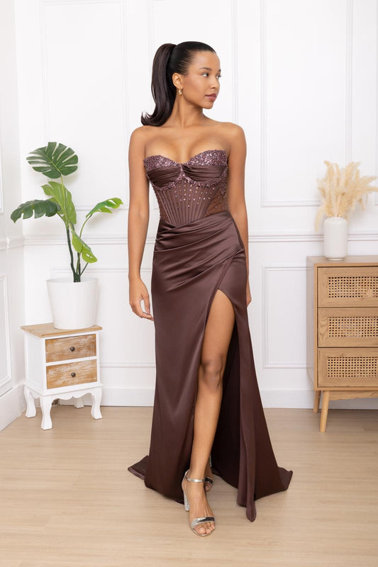 Rochie Eveline lungă din satin închidere pe corset și aplicații pietre la bust