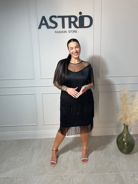 Rochie Ava neagră plasă la bust și aplicații franjuri