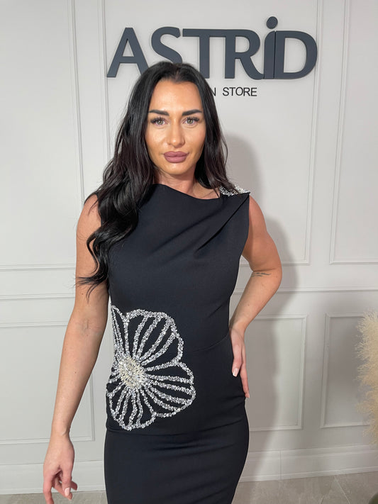 Rochie Ava midi neagră cu aplicații pietre și sclipici