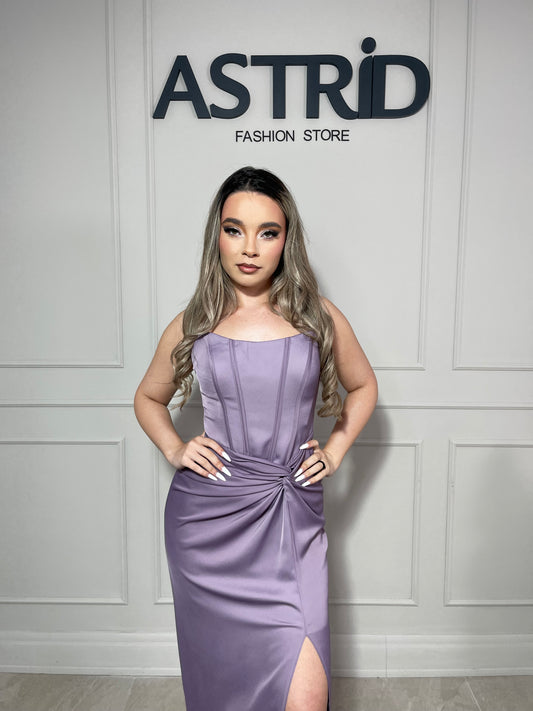 Rochie Zaya lungă din satin tip corset cu nod în talie și crăpătură pe picior
