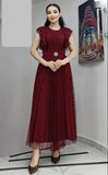 Rochie More midi plisată din tulle curea în talie și volanase la umeri