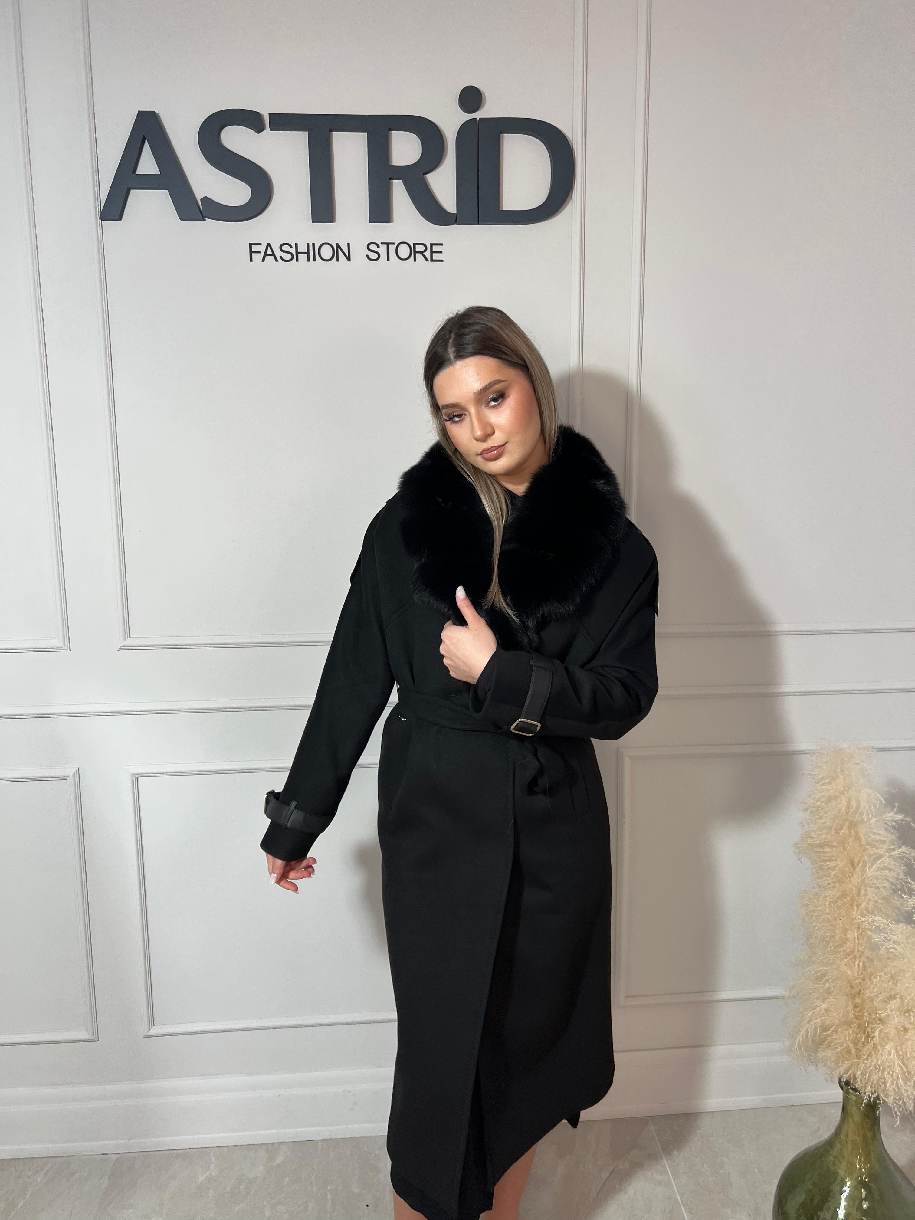 Palton Siena lung din cașmir cu blană naturală și catarame la mânecă