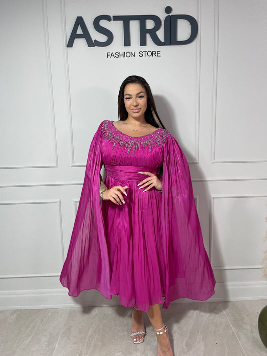 Rochie Ulises midi din voal plisată cu mâneci despicate și aplicații pietre la bust