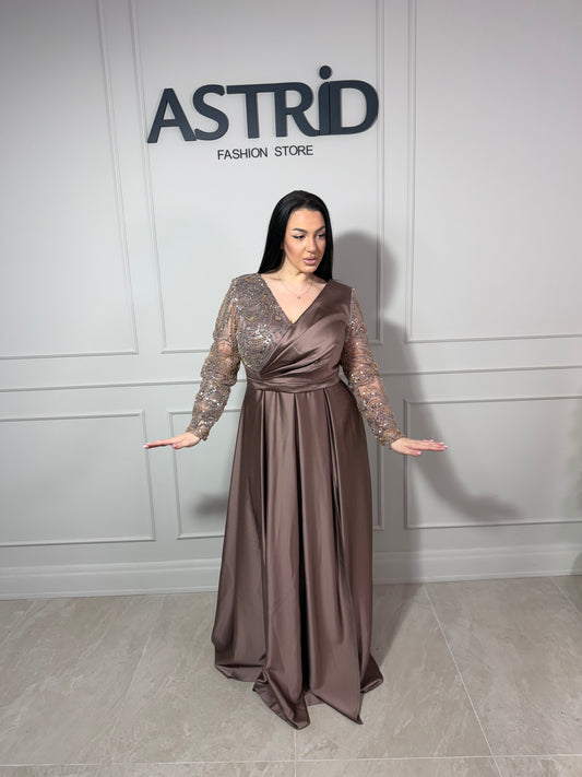 Rochie Zatara lungă din satin mânecă lungă și paiete la bust