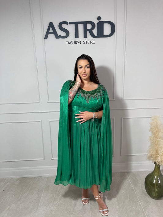 Rochie Ulises midi din voal plisată cu mâneci despicate și aplicații pietre la bust