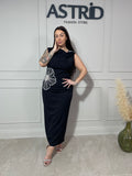 Rochie Yolanda midi cu accesoriu floare din pietre