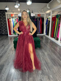 Rochie Alexia lungă din tiul falduri la bust și crăpătură pe picior