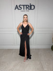 Rochie Roberta lunga din licra cu accesoriu auriu in talie si spate gol