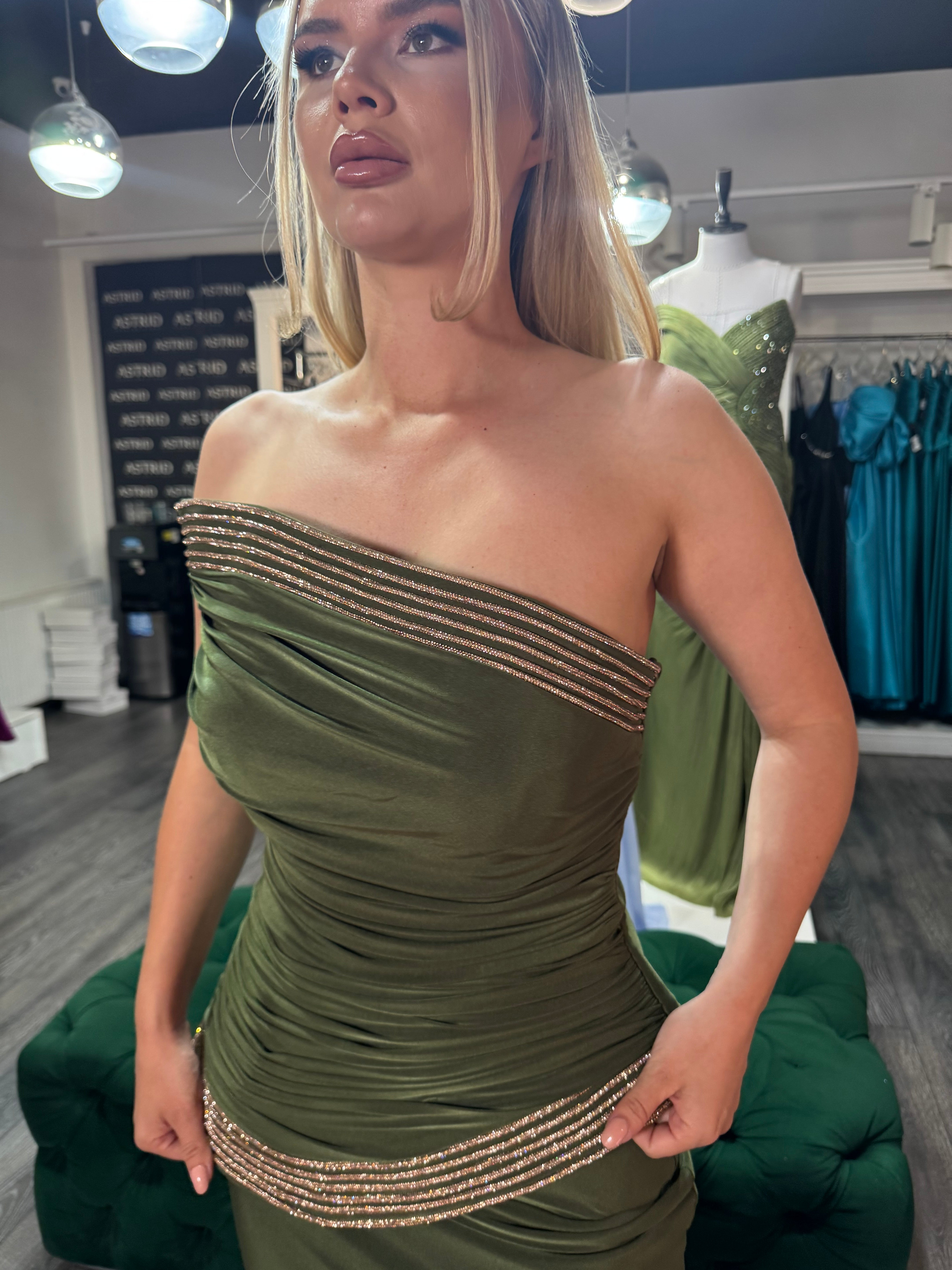 Rochie Aylin lunga olive cu corset aplicatii aurii
