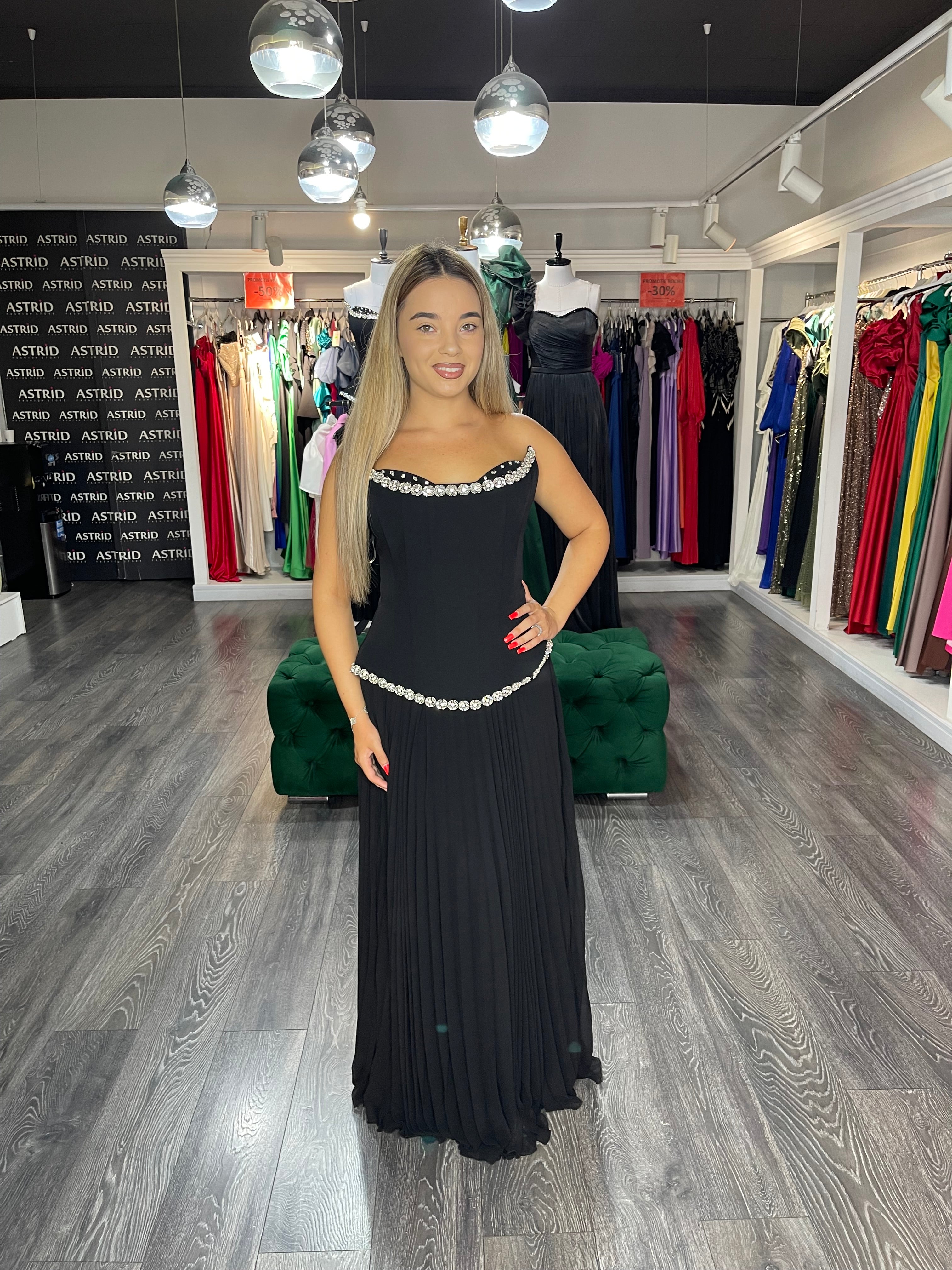 Rochie Gloria lungă plisată aplicații pietre la bust și talie