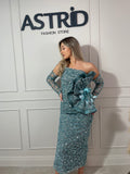 Rochie Belize midi cu mâneci detașabile și aplicații paiete și sclipici