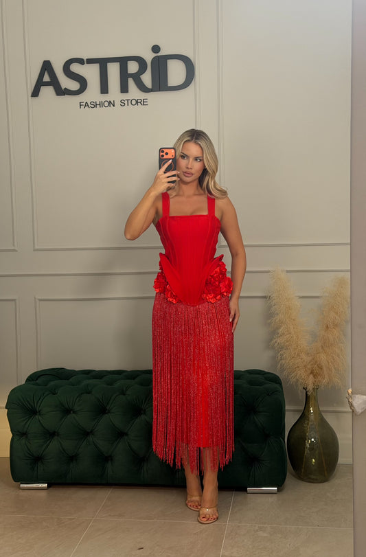 Rochie Thalia midi din bandaj cu aplicatii flori 3D in talie si franjuri