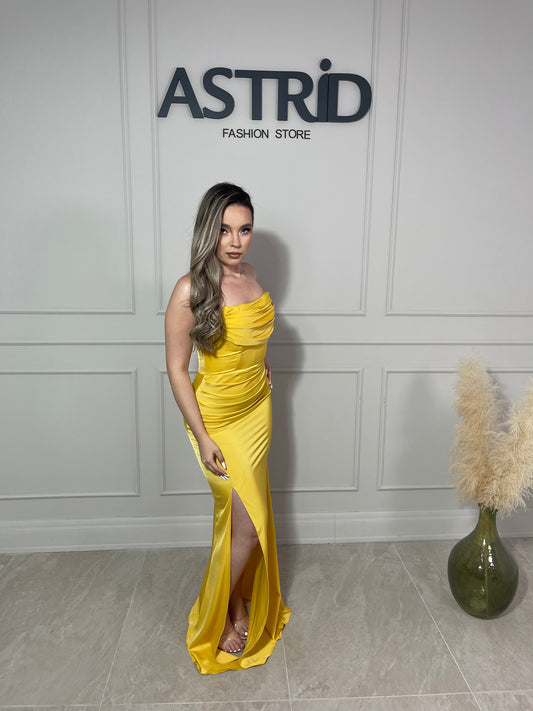 Rochie Alice lungă falduri la bust și talie crăpătură pe picior