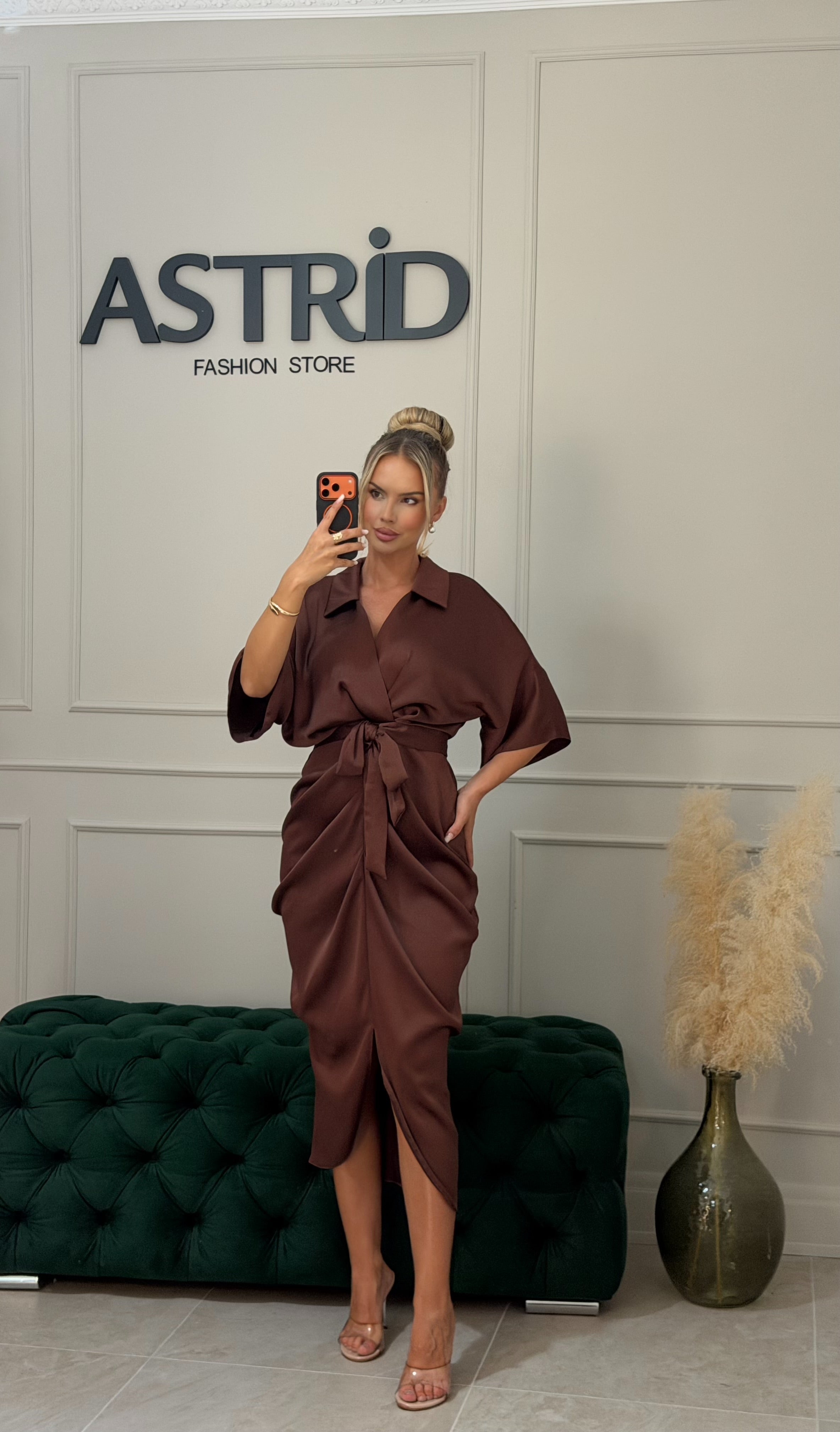 Rochie Any midi din satin cu încrețituri in talie