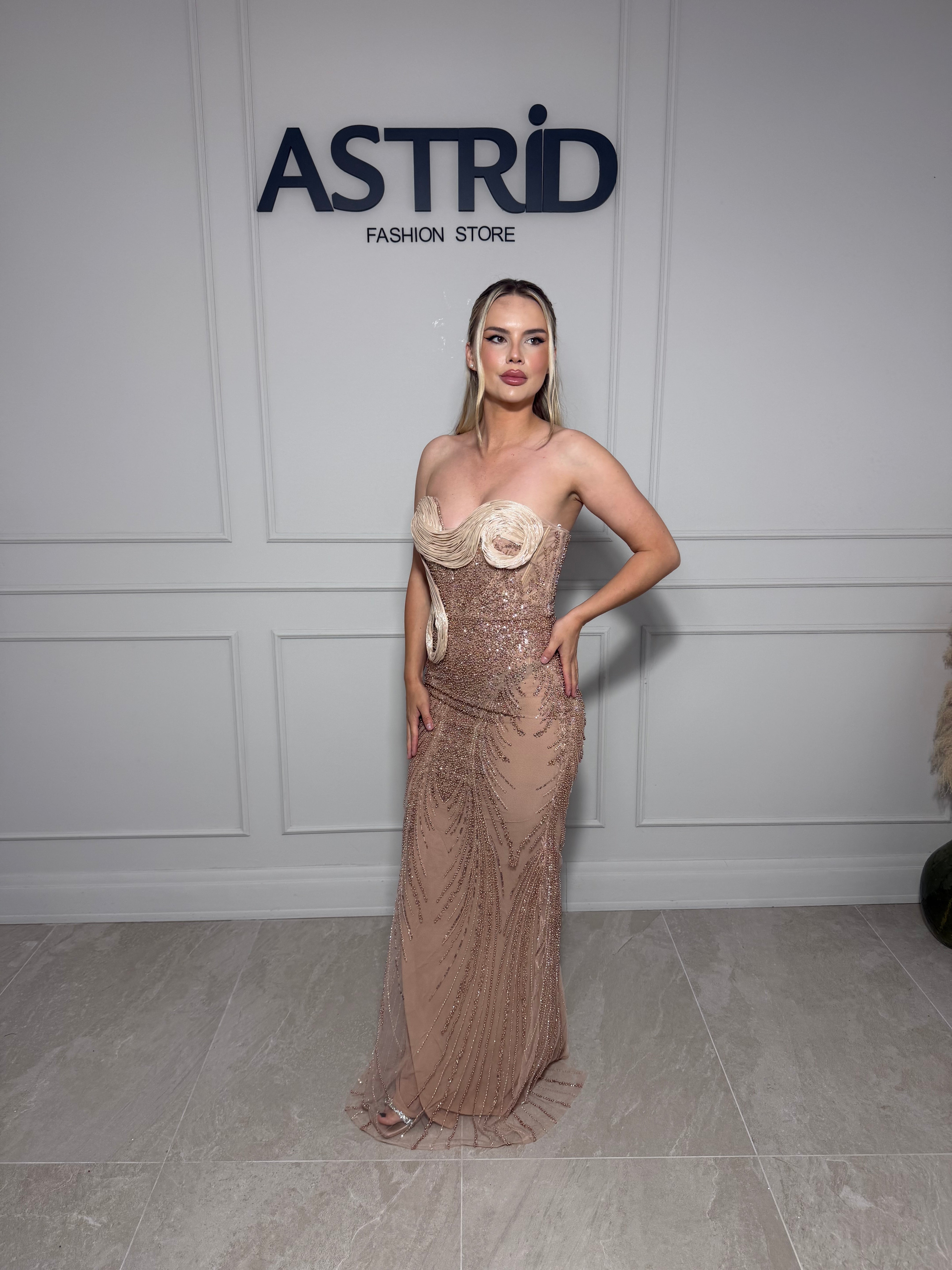 Rochie Pearl lunga din pietre si paiete cu crapatura in spate