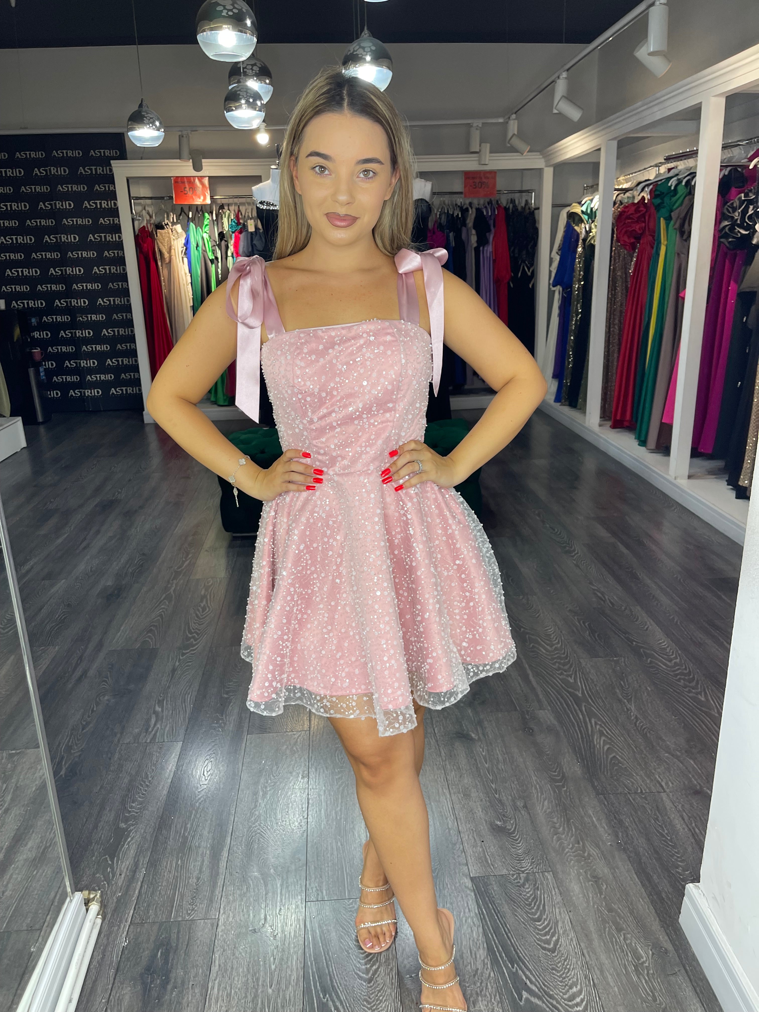 Rochie Amina scurta, roz, babydoll, bretele late