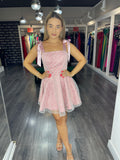 Rochie Amina scurta, roz, babydoll, bretele late