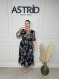 Rochie Raisa, midi din voal cu imprimeu floral.
