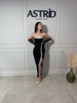 Rochie Helen midi cu aplicații pietre crăpătură pe picior și accesoriu mănuși