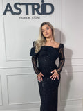 Rochie Mary lungă din paiete aplicații sclipici și mânecă lungă
