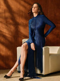 Rochie Edwina midi din bandaj cu maneca lunga si franjuri
