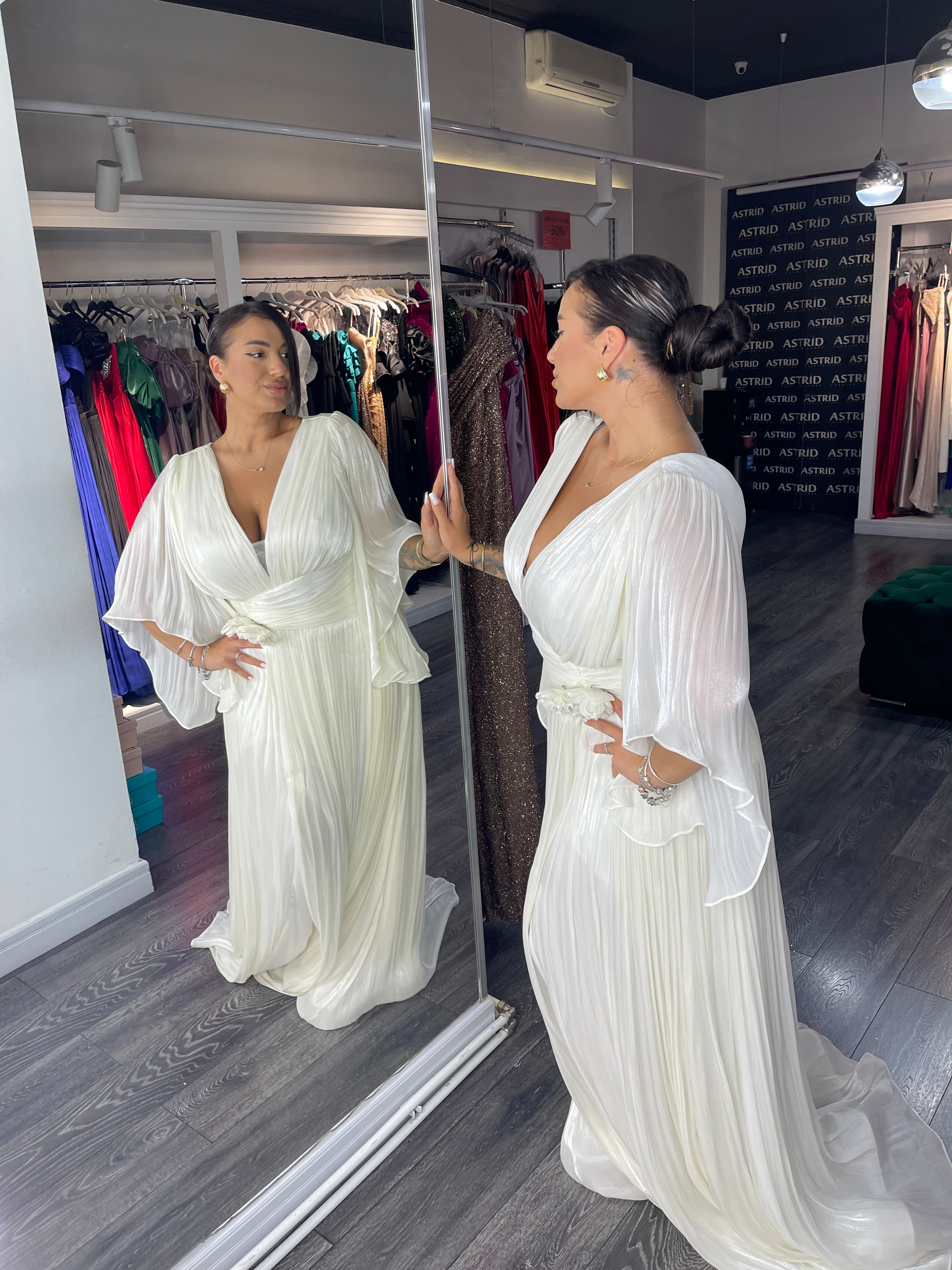 Rochie Hera lungă din voal mânecă clopot floare în talie