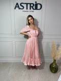 Rochie Arsi midi plisată umeri căzuți și curea în talie