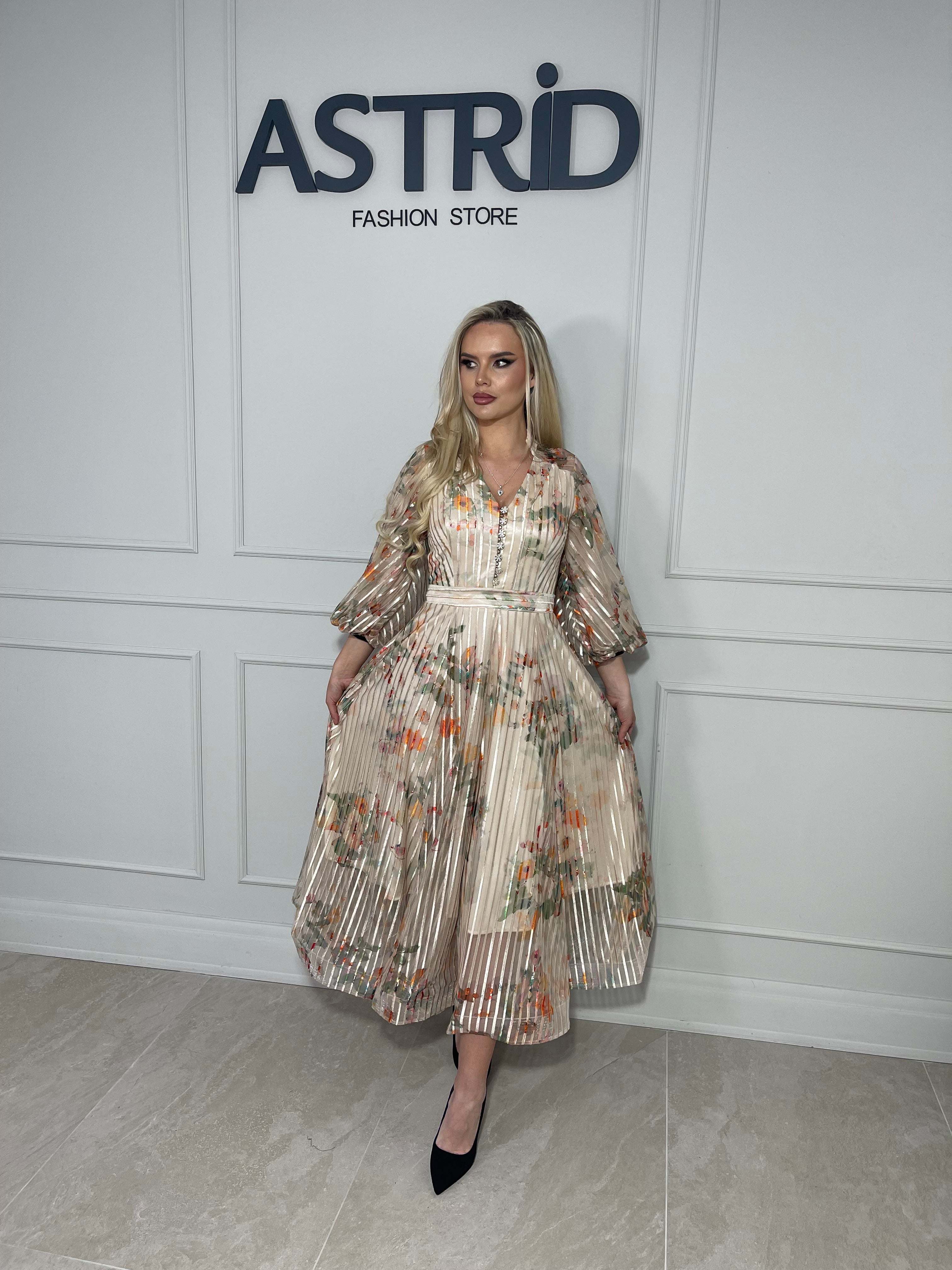 Rochie Florence midi in clos cu nasturi tip bijuterie si imprimeu floral