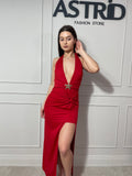 Rochie Amma lungă cu spatele gol accesoriu stea și crăpătură pe picior